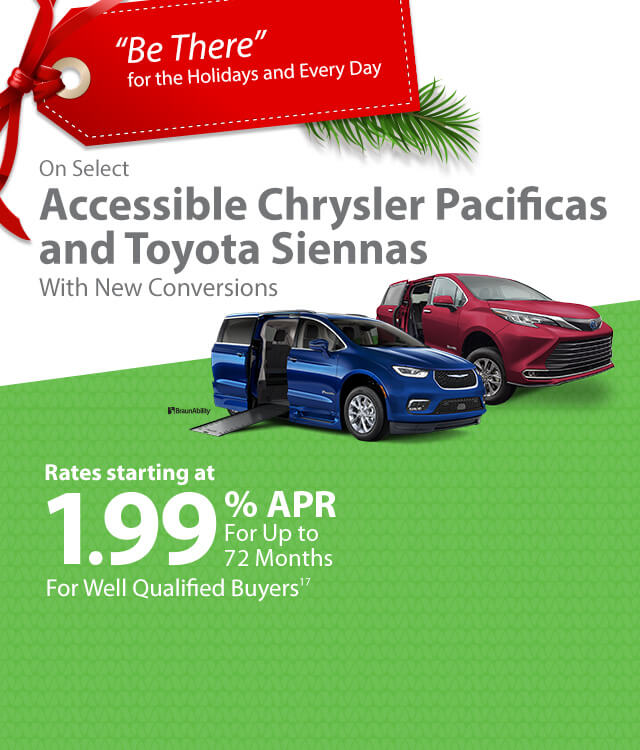 Advertisement for accessible Chrysler Pacificas and Toyota Siennas with new conversions, featuring two cars and a 1.99% APR offer for up to 72 months for qualified buyers.