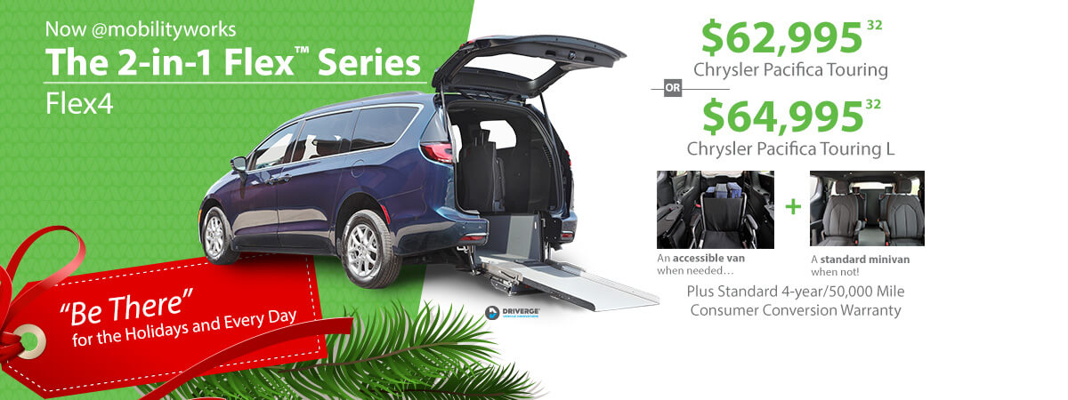 Image of a Chrysler Pacifica with a wheelchair ramp extended. Text details pricing for Touring and Touring L models, both offering accessibility features. Holiday-themed design with a red ribbon.