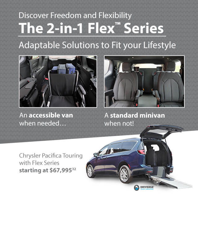 Promotional image of a Chrysler Pacifica Touring, showcasing its accessibility features and standard setup, with pricing starting at $67,995.