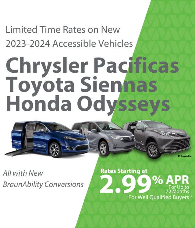 Advertisement for Chrysler Pacificas, Toyota Siennas, and Honda Odysseys with BraunAbility conversions. Rates start at 2.99% APR for up to 72 months for qualified buyers.