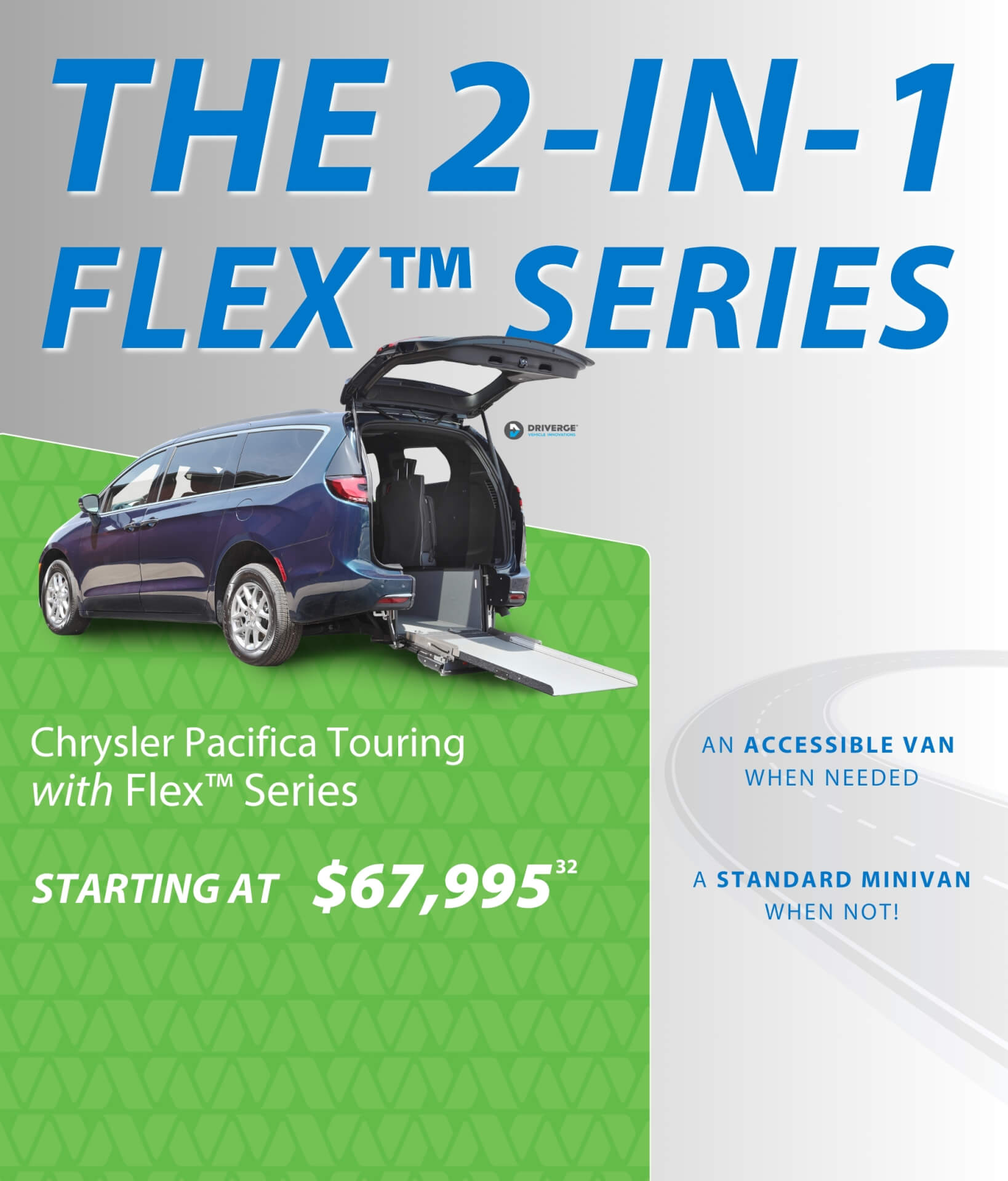 Promotional image of a Chrysler Pacifica Touring, showcasing its accessibility features and standard setup, with pricing starting at $67,995.