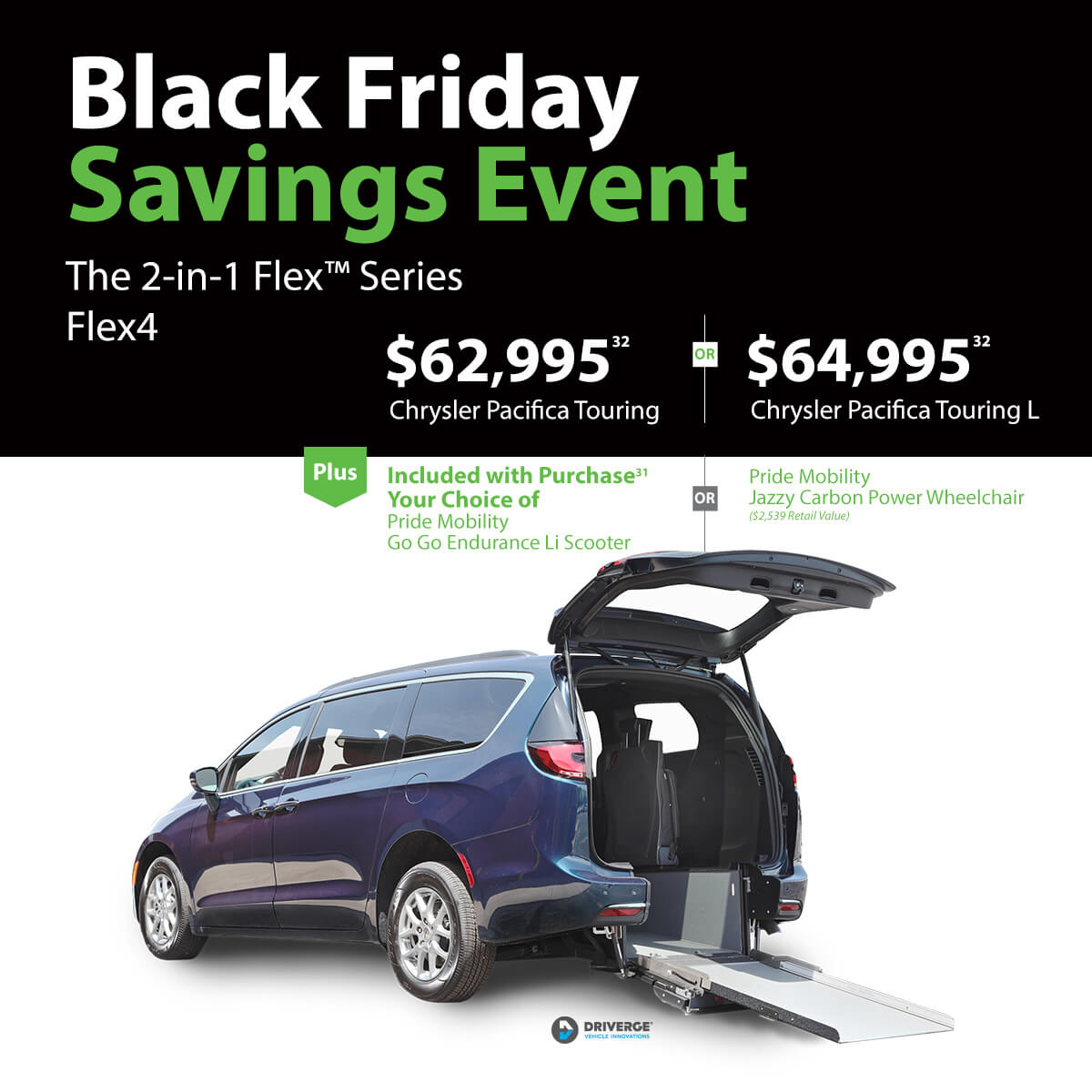 Black Friday savings event ad featuring Chrysler Pacifica models with accessibility features, priced at $62,995.32 and $64,995.32. Offers include scooter or wheelchair.