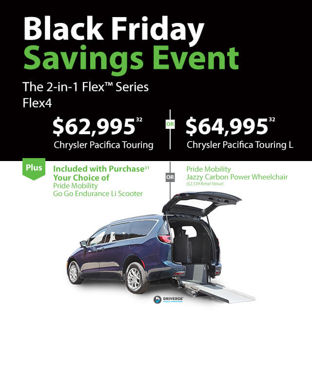 Black Friday savings event flyer featuring two Chrysler Pacifica models with included Pride Mobility scooter or wheelchair offer, and price details. Image of a minivan with a ramp.