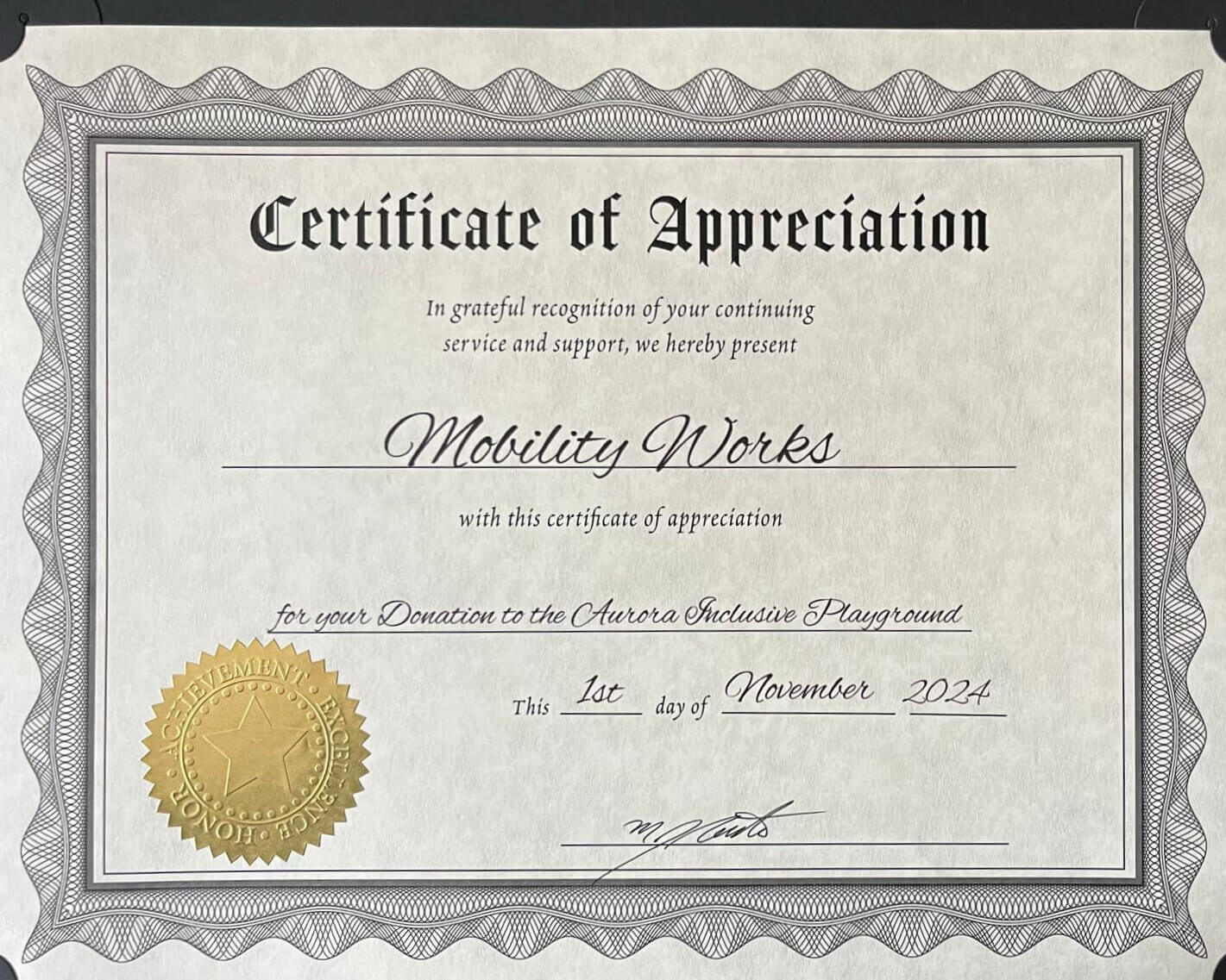 Certificate of Appreciation presented to MobilityWorks