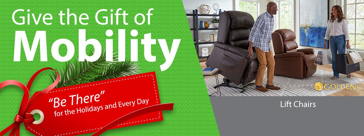 Advertisement for mobility lift chairs featuring a person using a lift chair in a living room, with text highlighting holiday gifting.