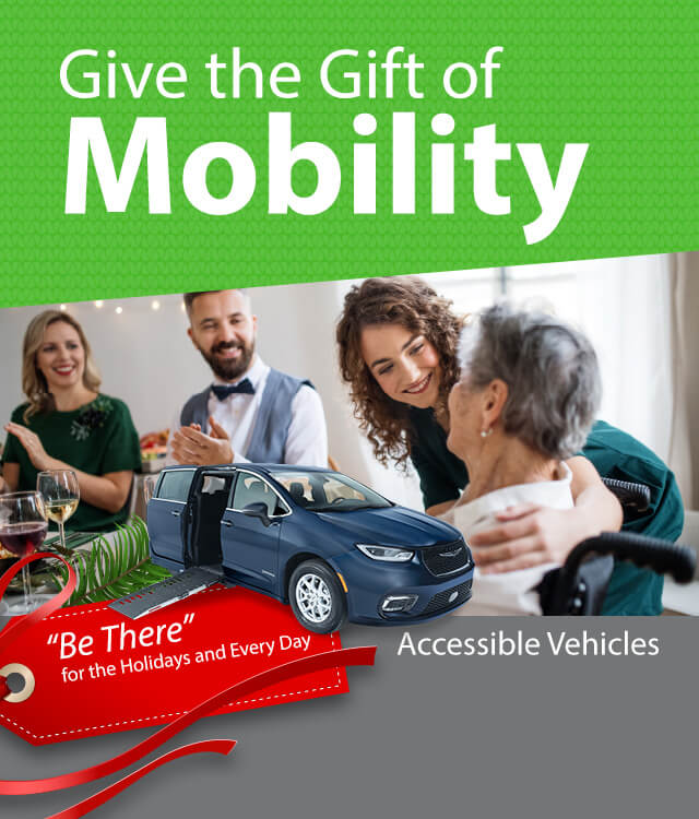 Advertisement for accessible vehicles featuring a happy family gathered around a table and a car image, with the text Give the Gift of Mobility and Be There for the Holidays and Every Day.