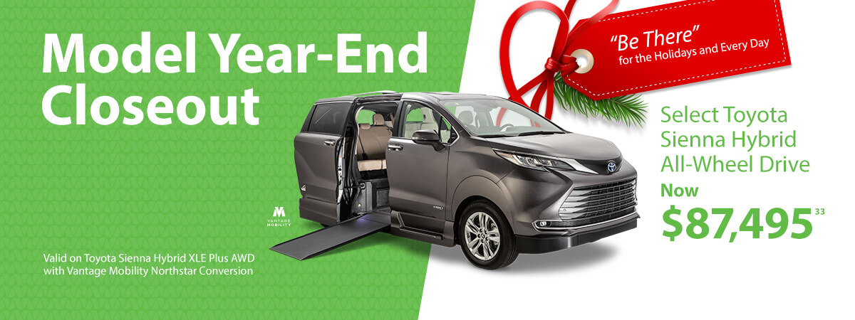 Year-end closeout sale banner for Toyota Sienna Hybrid All-Wheel Drive with ramp, priced at $87,495. Holiday-themed design.