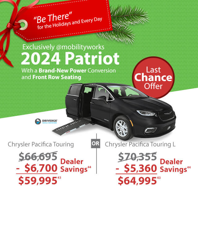 Promo for 2024 Patriot with power conversion. Features Chrysler Voyager and Pacifica vans, listing prices with dealer savings. “Be There” banner and last chance offer badge included.