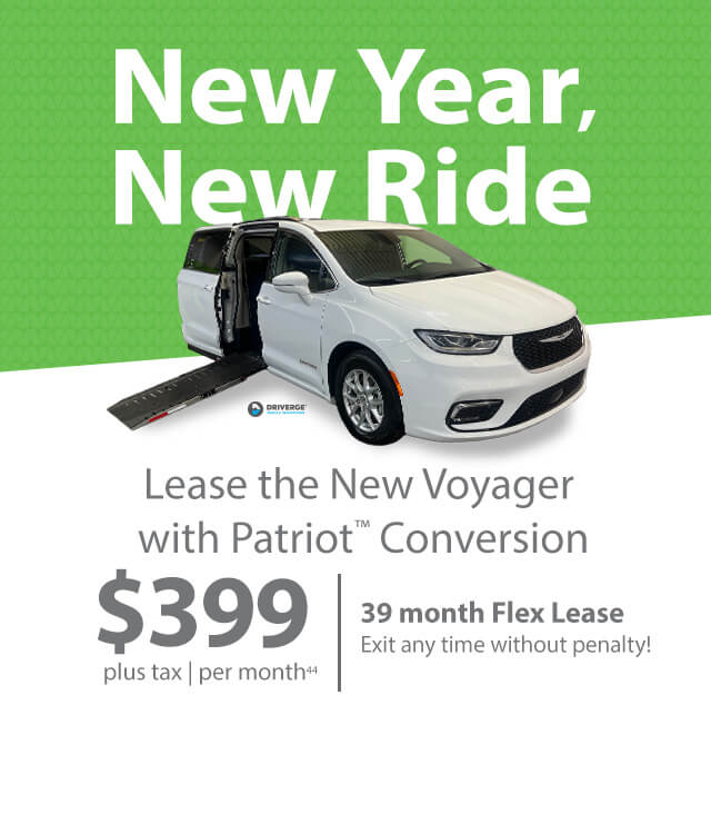 Advertisement for leasing the New Voyager with Patriot Conversion. Features a minivan with a ramp. Lease offer: $399 per month for a 39-month flex lease.