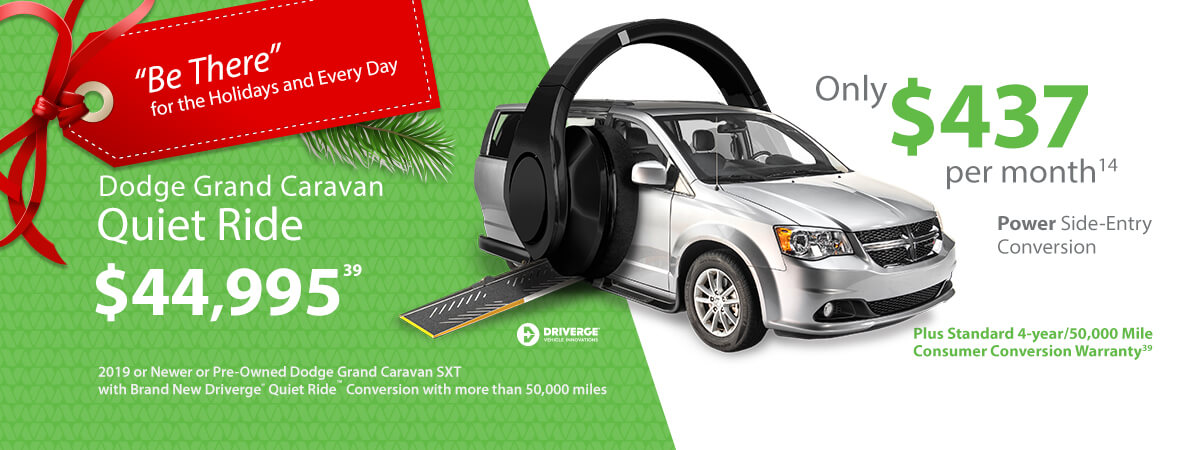 Advertisement for Dodge Grand Caravan Quiet Ride featuring large black headphones. Price is $44,995, with monthly payment of $437. Includes power side-entry conversion and warranty.