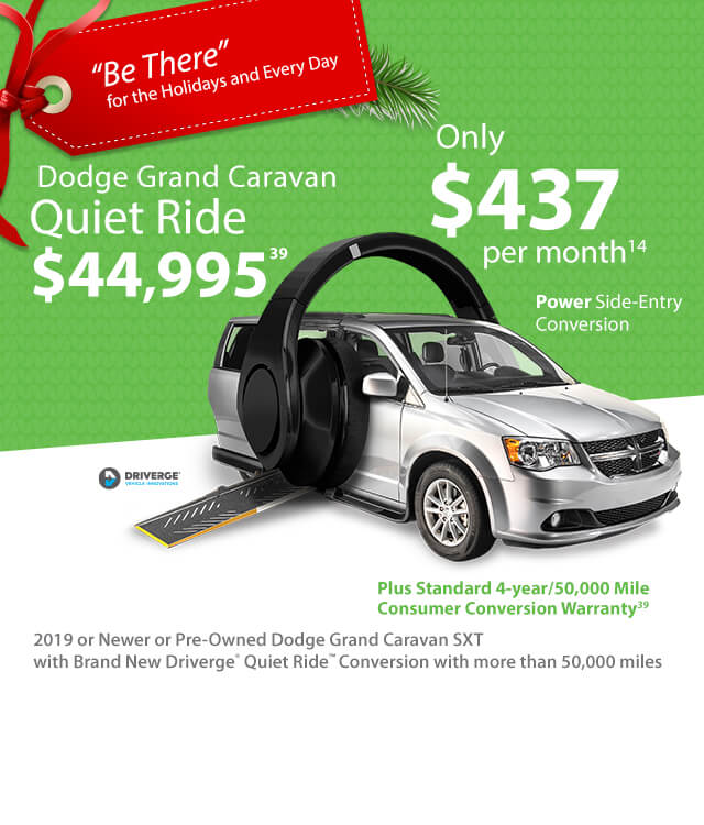 Advertisement featuring a Dodge Grand Caravan with a large pair of headphones. Price is $44,995 or $437 per month. Includes Power Side-Entry Conversion and warranty details.