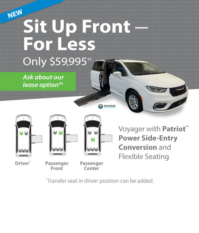 Advertisement for a modified Chrysler Voyager with a side-entry conversion and flexible seating, priced at $59,995. Includes lease option information and vehicle seating diagrams.