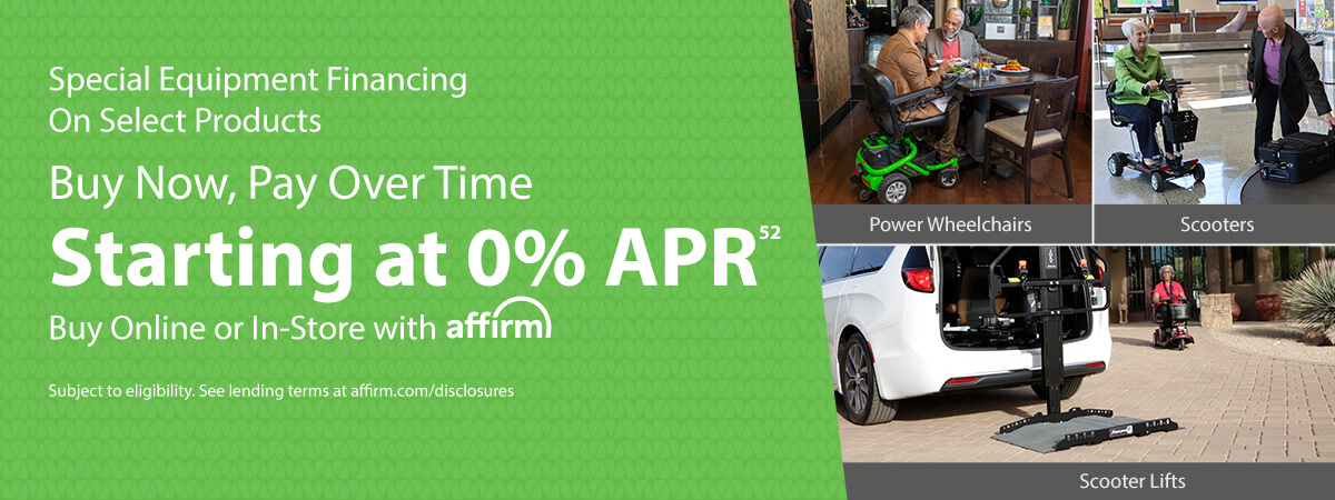 Advertisement displaying financing options for power wheelchairs, scooters, and scooter lifts with 0% APR through Affirm.