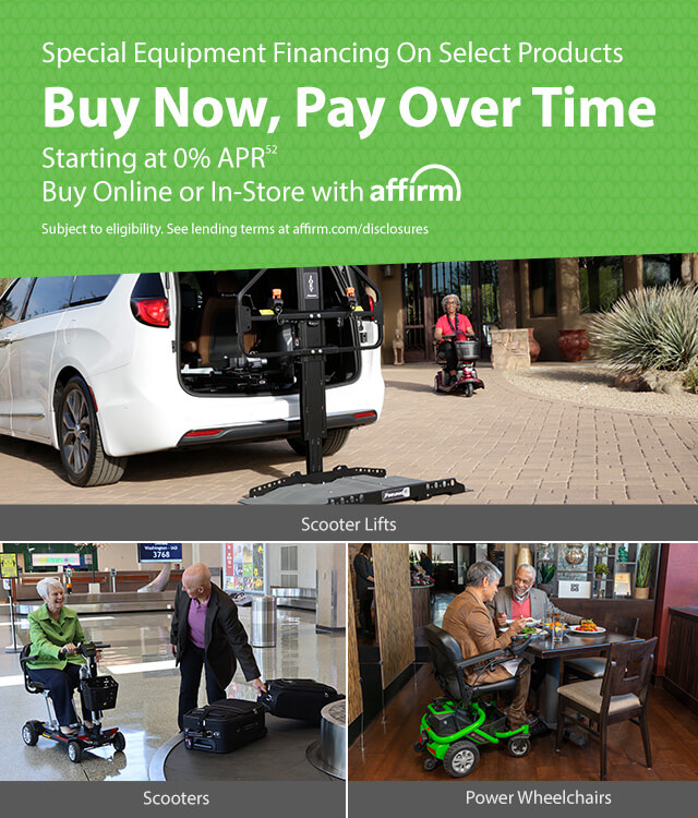 Ad showing special equipment financing with images of scooter lifts, scooters, and power wheelchairs in use.