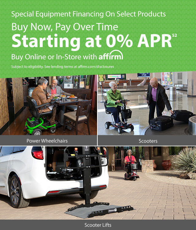 Advertisement featuring financing options for power wheelchairs, scooters, and scooter lifts with 0% APR through Affirm. Includes images of products in use.