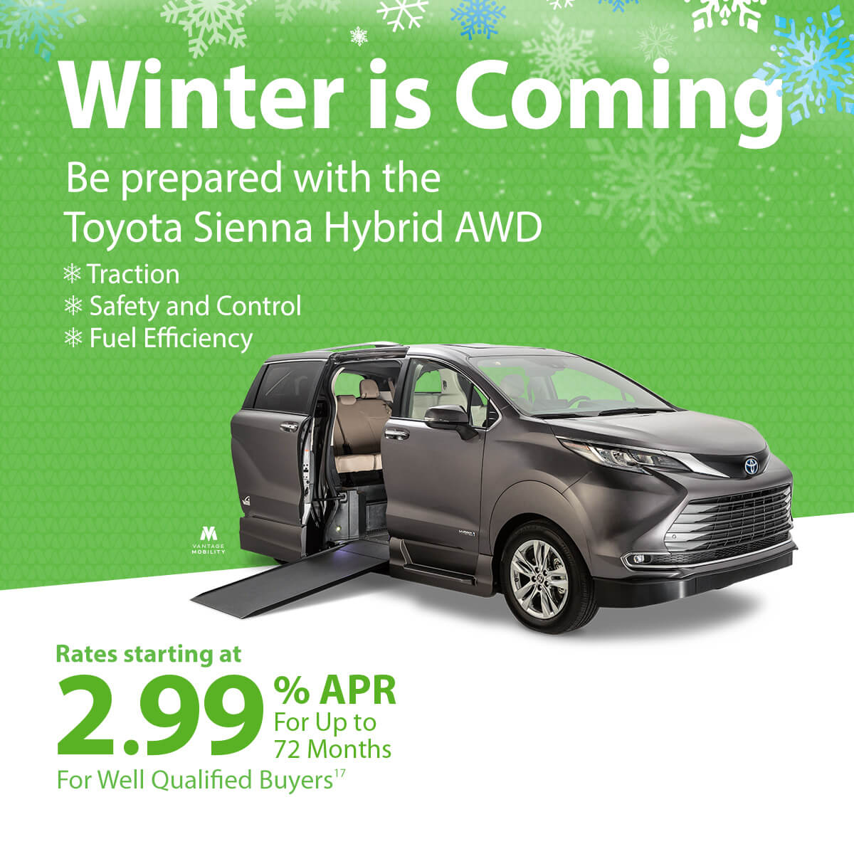 Winter is Coming be prepared with the Toyota Sienna Hybrid AWD Traction, Safety and Control and Fuel Efficiency