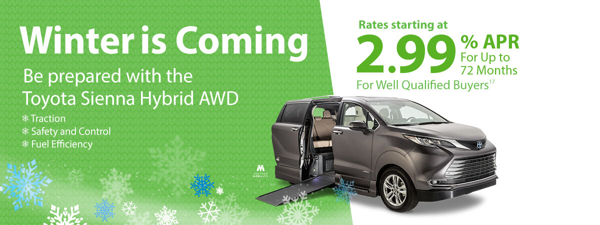 Winter is Coming be prepared with the Toyota Sienna Hybrid AWD Traction, Safety and Control and Fuel Efficiency